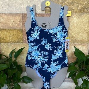 🌊 NEW Ocean Pacific One-Piece Open Back Blue Floral Print Swimsuit, Size S 🌊